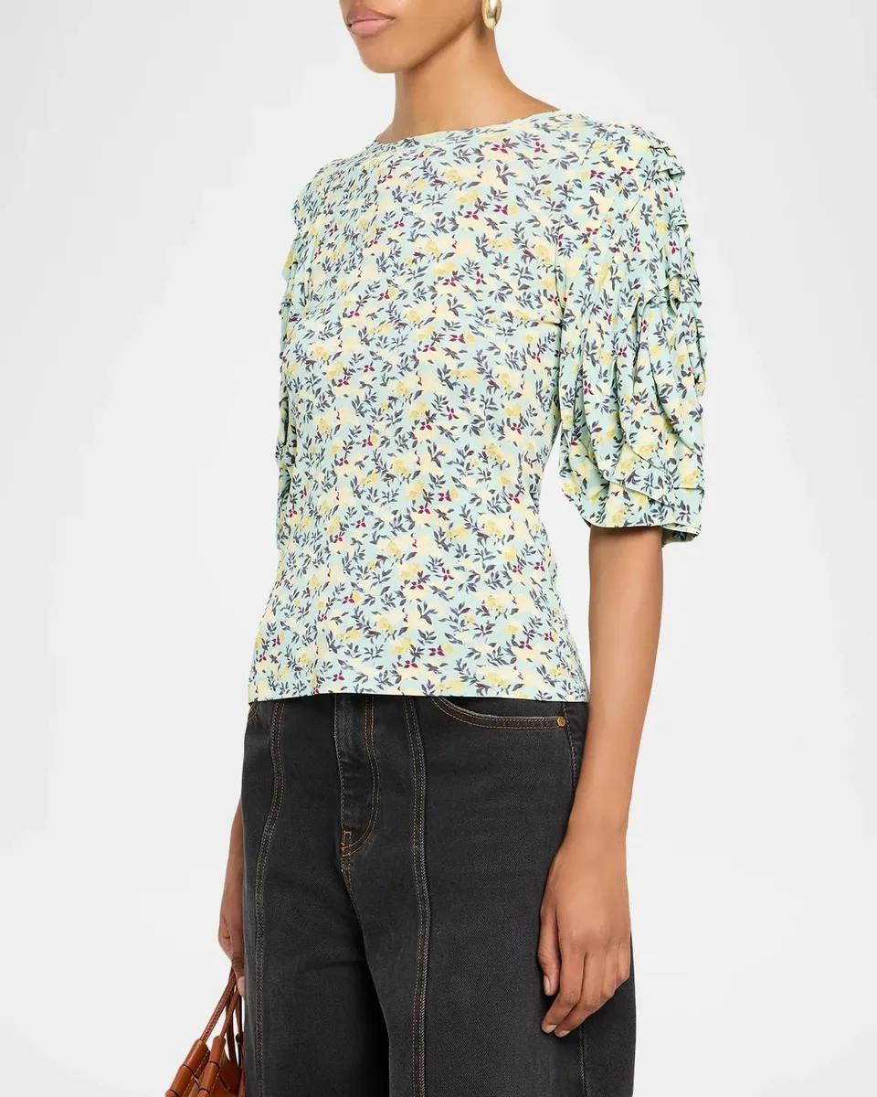 Ulla Johnson Rubi Floral Jersey Flutter-Sleeve Blouse | Thumbnail 4 Ulla Johnson Rubi Floral Jersey Flutter-Sleeve Blouse | Thumbnail 4