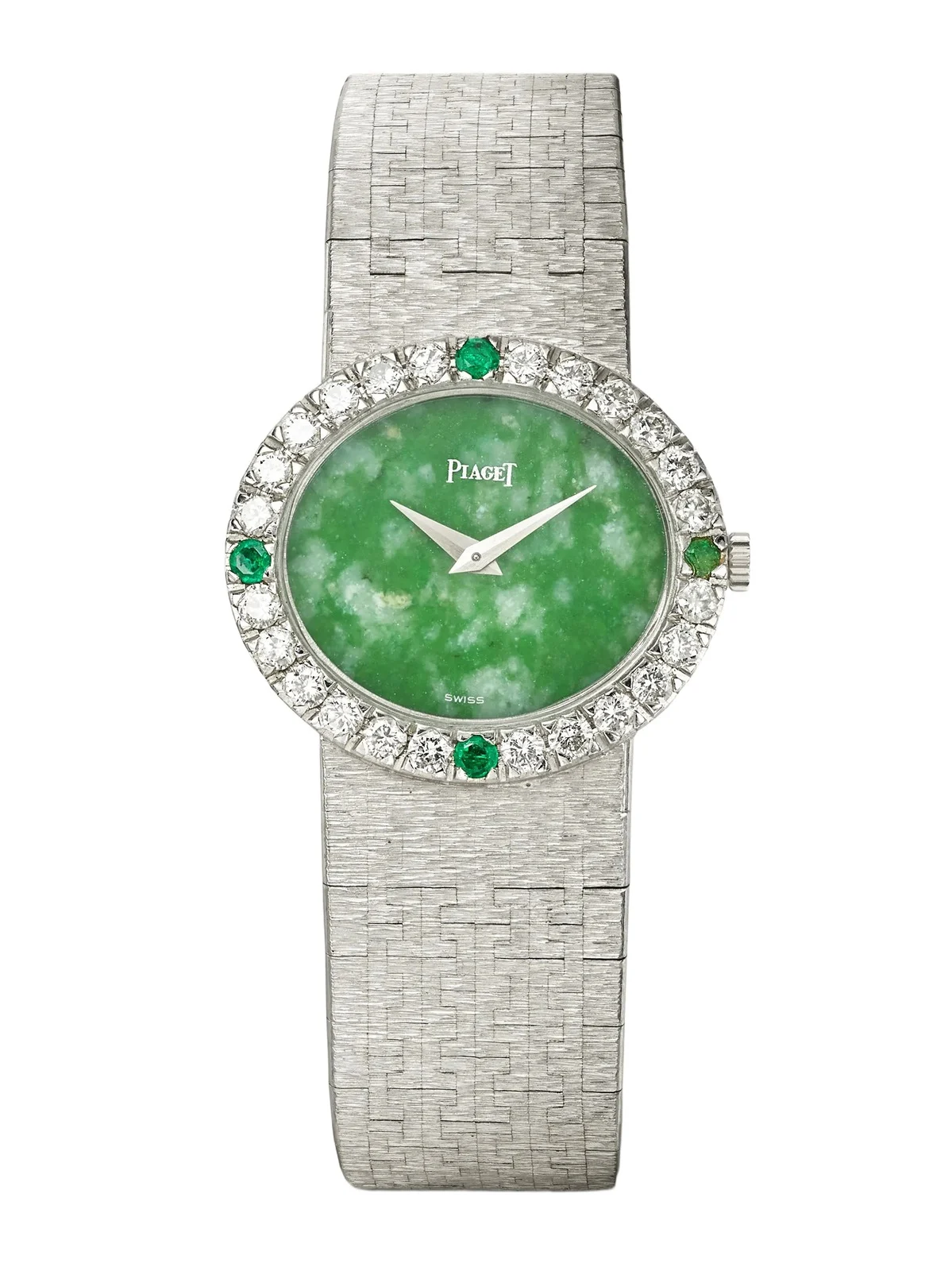 + Piaget Vintage 1968 Tradition Hand-wound 18-karat White Gold, Diamond, Emerald And Jade Watch, Ref. 9804 A6 (6" Wrist) + Piaget Vintage 1968 Tradition Hand-wound 18-karat White Gold, Diamond, Emerald And Jade Watch, Ref. 9804 A6 (6" Wrist)