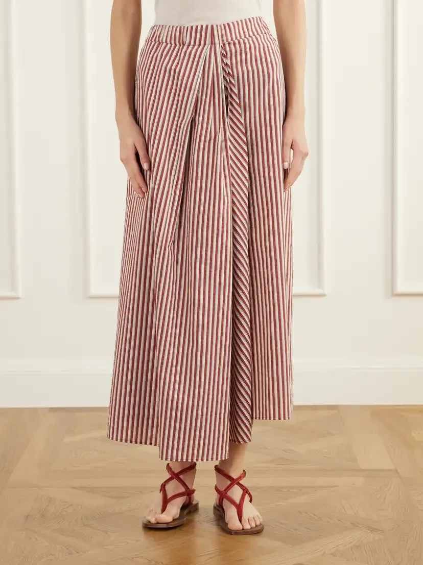 Brunello Cucinelli Asymmetric Pleated Striped Cotton-blend Seersucker Midi Skirt | Thumbnail 3