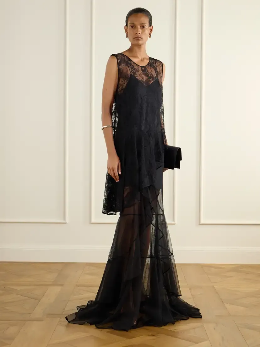 Sharon Wauchob Dana Ruffled Tiered Cotton-blend Lace And Tulle Gown - Black | Thumbnail 2 Sharon Wauchob Dana Ruffled Tiered Cotton-blend Lace And Tulle Gown - Black | Thumbnail 2