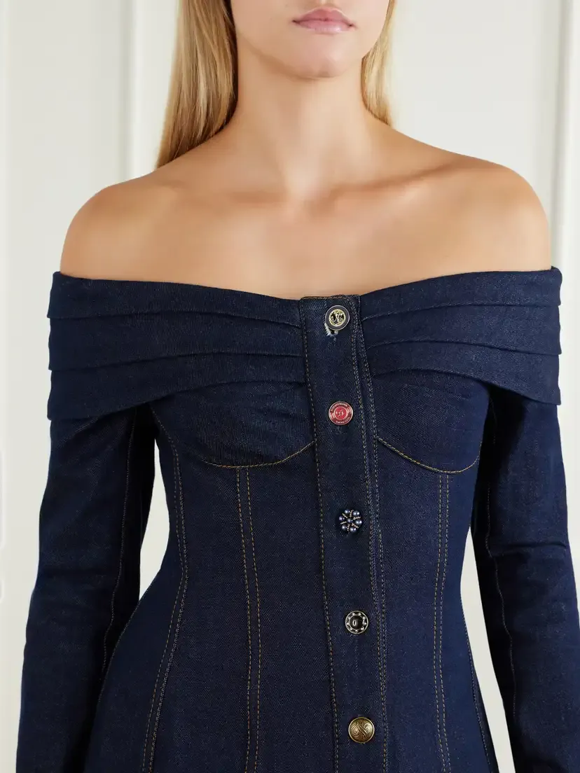 Zimmermann Clash Off-the-shoulder Pleated Denim Mini Dress | Thumbnail 4