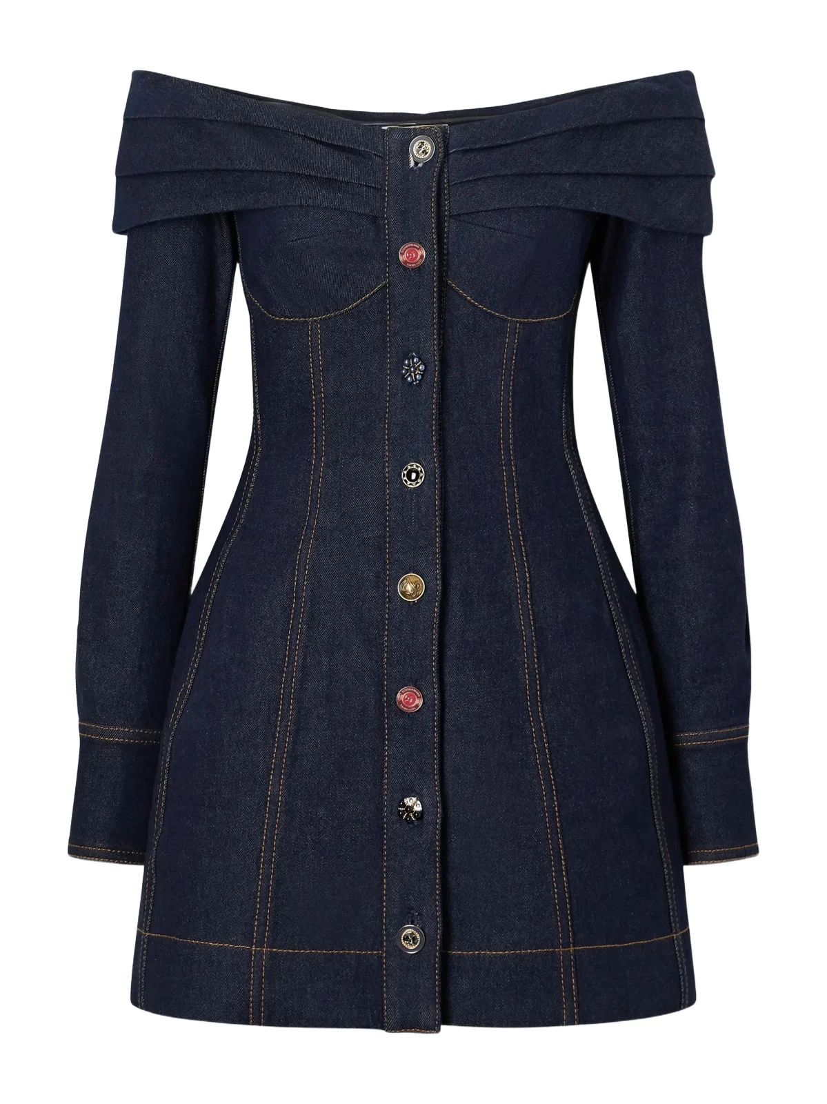 Clash Off-the-shoulder Pleated Denim Mini Dress Clash Off-the-shoulder Pleated Denim Mini Dress