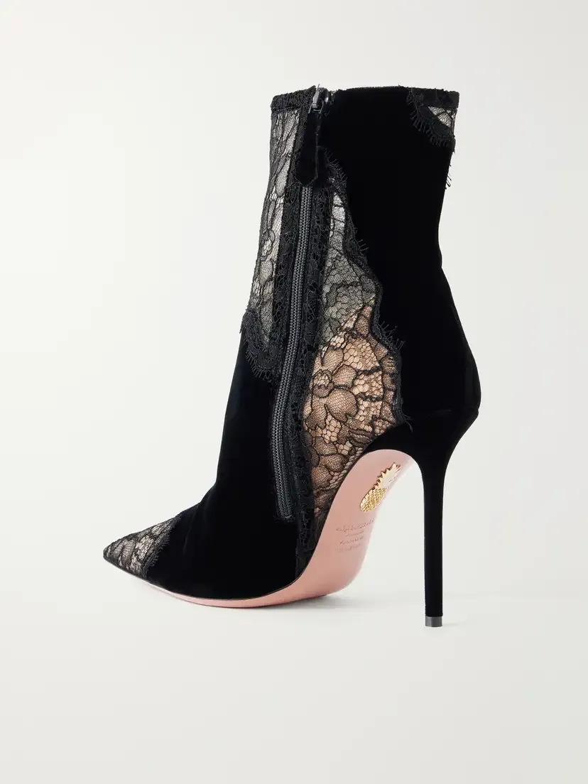 Aquazzura Velvet Meadow Bootie 105 Lace-trimmed Velvet Ankle Boots | Thumbnail 3 Aquazzura Velvet Meadow Bootie 105 Lace-trimmed Velvet Ankle Boots | Thumbnail 3