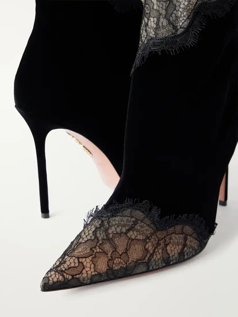 Aquazzura Velvet Meadow Bootie 105 Lace-trimmed Velvet Ankle Boots | Thumbnail 5 Aquazzura Velvet Meadow Bootie 105 Lace-trimmed Velvet Ankle Boots | Thumbnail 5
