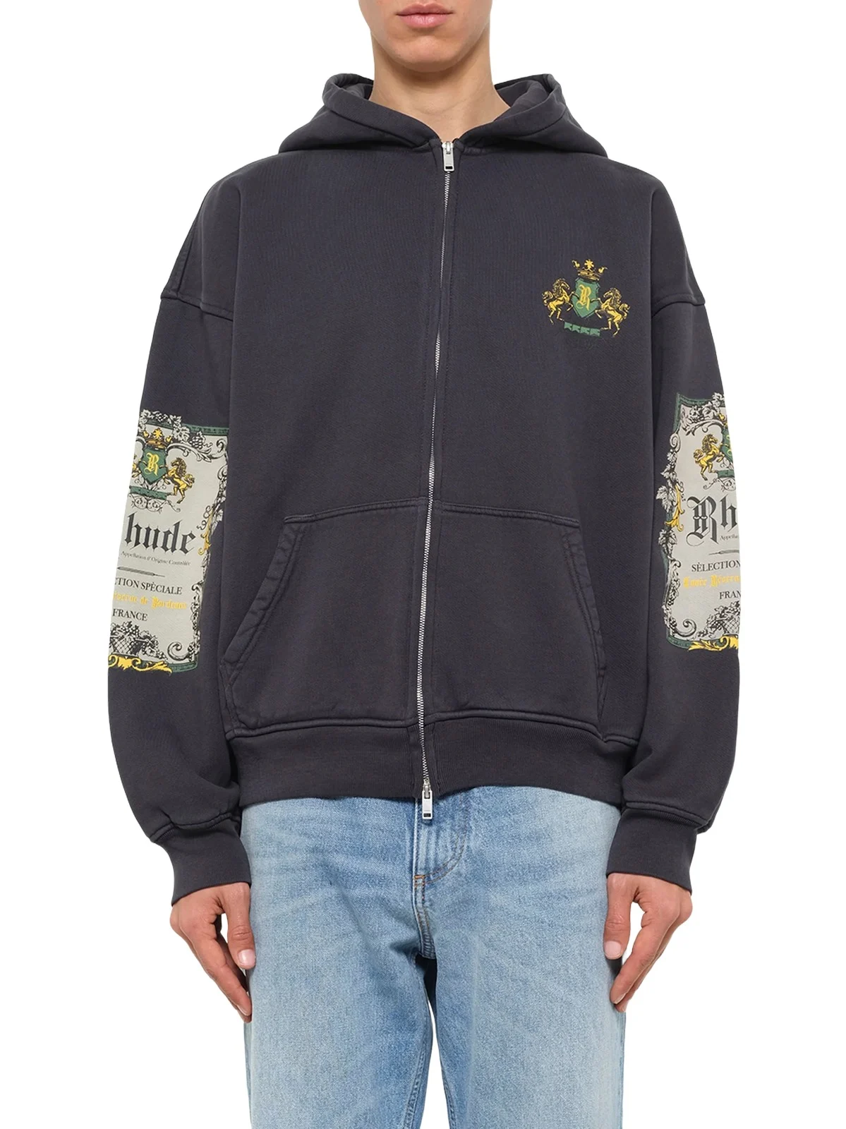 Rhude Bordeaux Reserve Zip Up Hoodie in Vintage Black/green