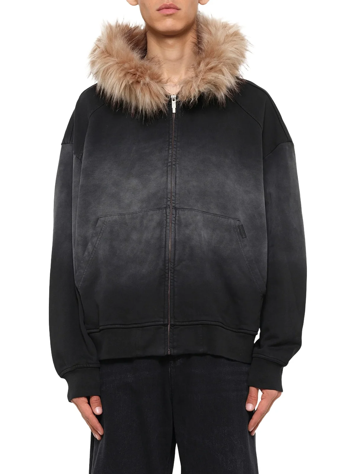 FENG CHEN WANG Washed Faux Fur-trim Zip-up Hoodie