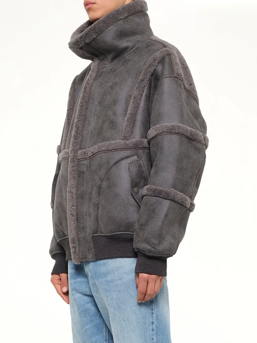 FENG CHEN WANG Reversible Faux Shearling Stand-collar Jacket in Dark Grey | Thumbnail 3 FENG CHEN WANG Reversible Faux Shearling Stand-collar Jacket in Dark Grey | Thumbnail 3