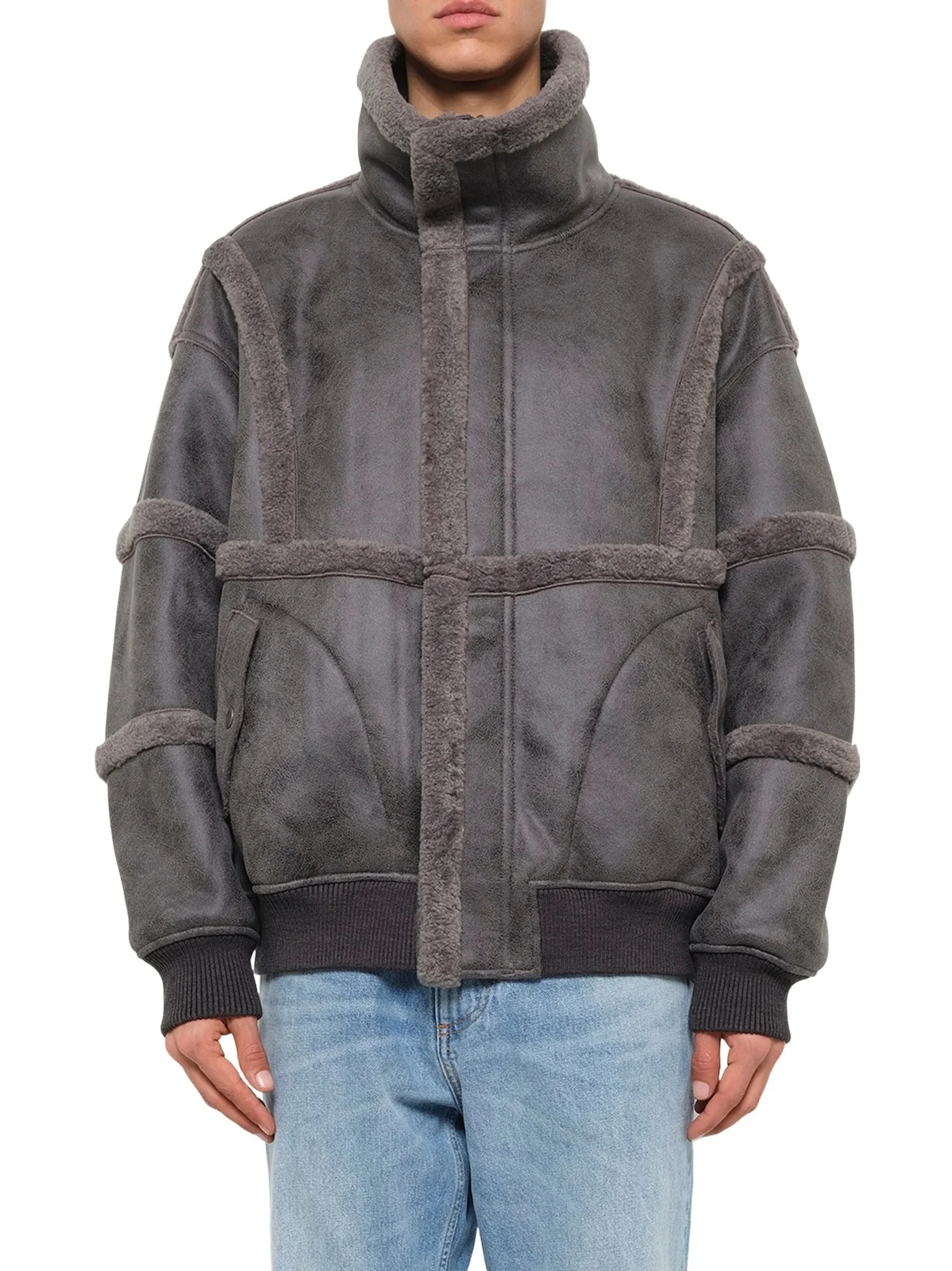 FENG CHEN WANG Reversible Faux Shearling Stand-collar Jacket in Dark Grey
