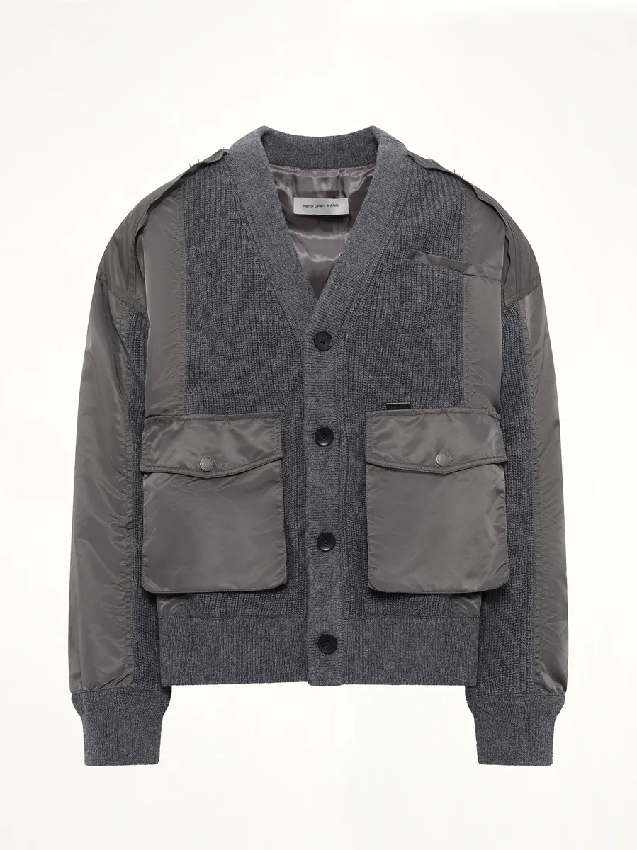 FENG CHEN WANG Patchwork Nylon Utility Cardigan in Dark Grey | Thumbnail 2