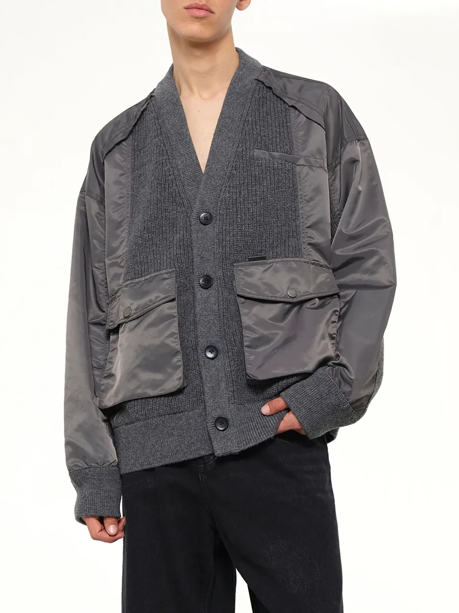 FENG CHEN WANG Patchwork Nylon Utility Cardigan in Dark Grey | Thumbnail 6