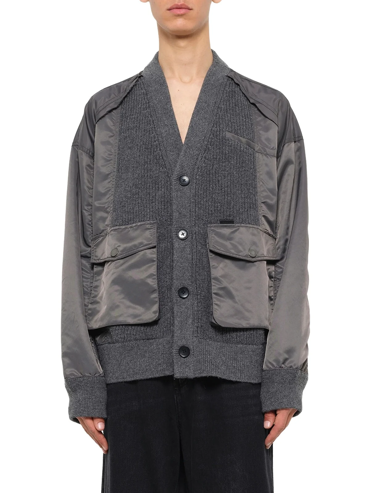 FENG CHEN WANG Patchwork Nylon Utility Cardigan in Dark Grey