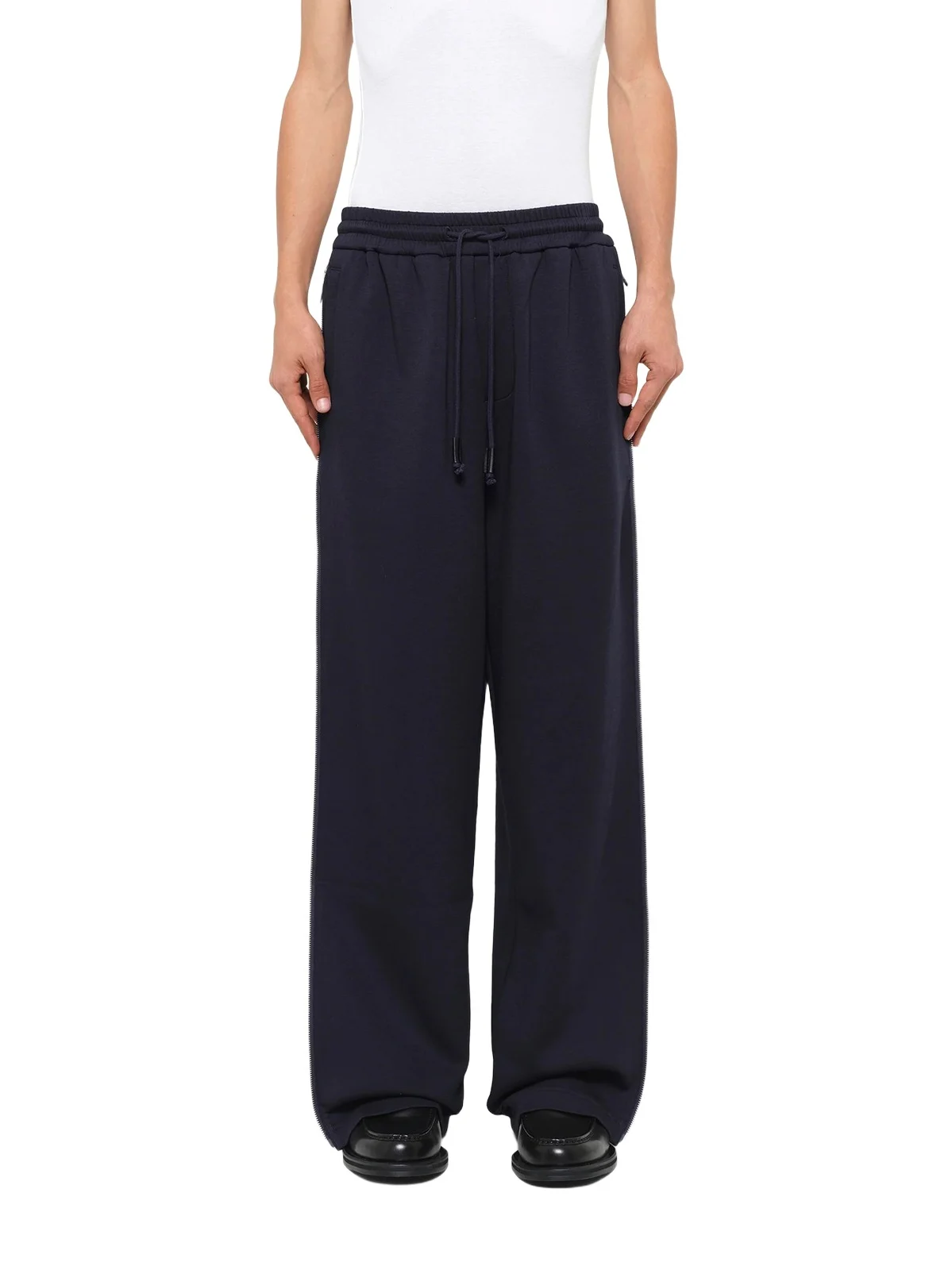 FENG CHEN WANG Patchwork Striped Pants in Navy Blue