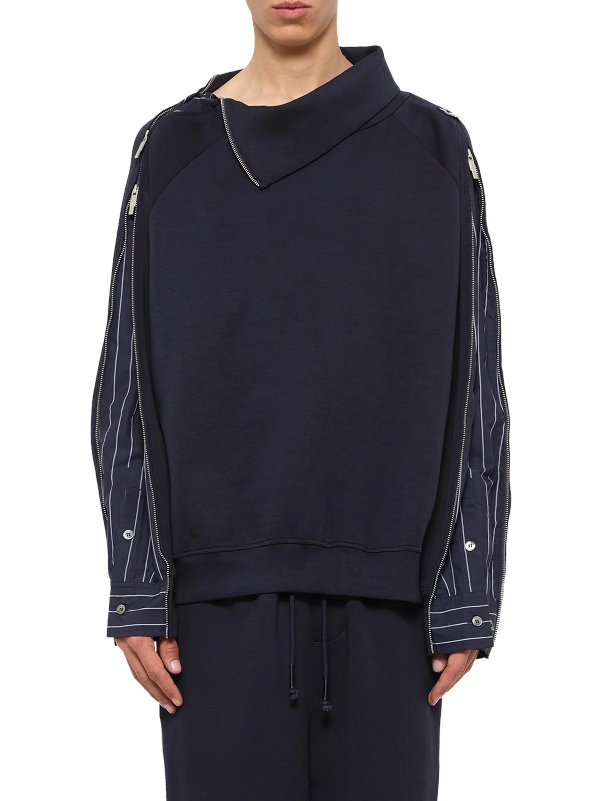 FENG CHEN WANG Striped Patchwork Sweatshirt in Navy Blue
