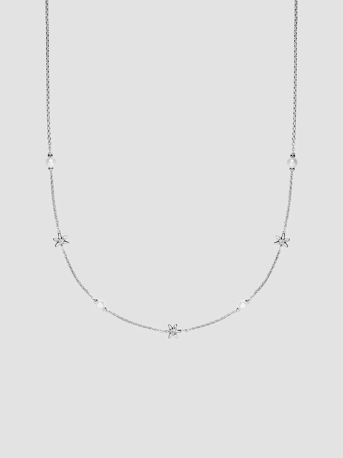 Women's Petite Starburst and Pearl Station Chain Necklace in Sterling Silver, 6MM Women's Petite Starburst and Pearl Station Chain Necklace in Sterling Silver, 6MM