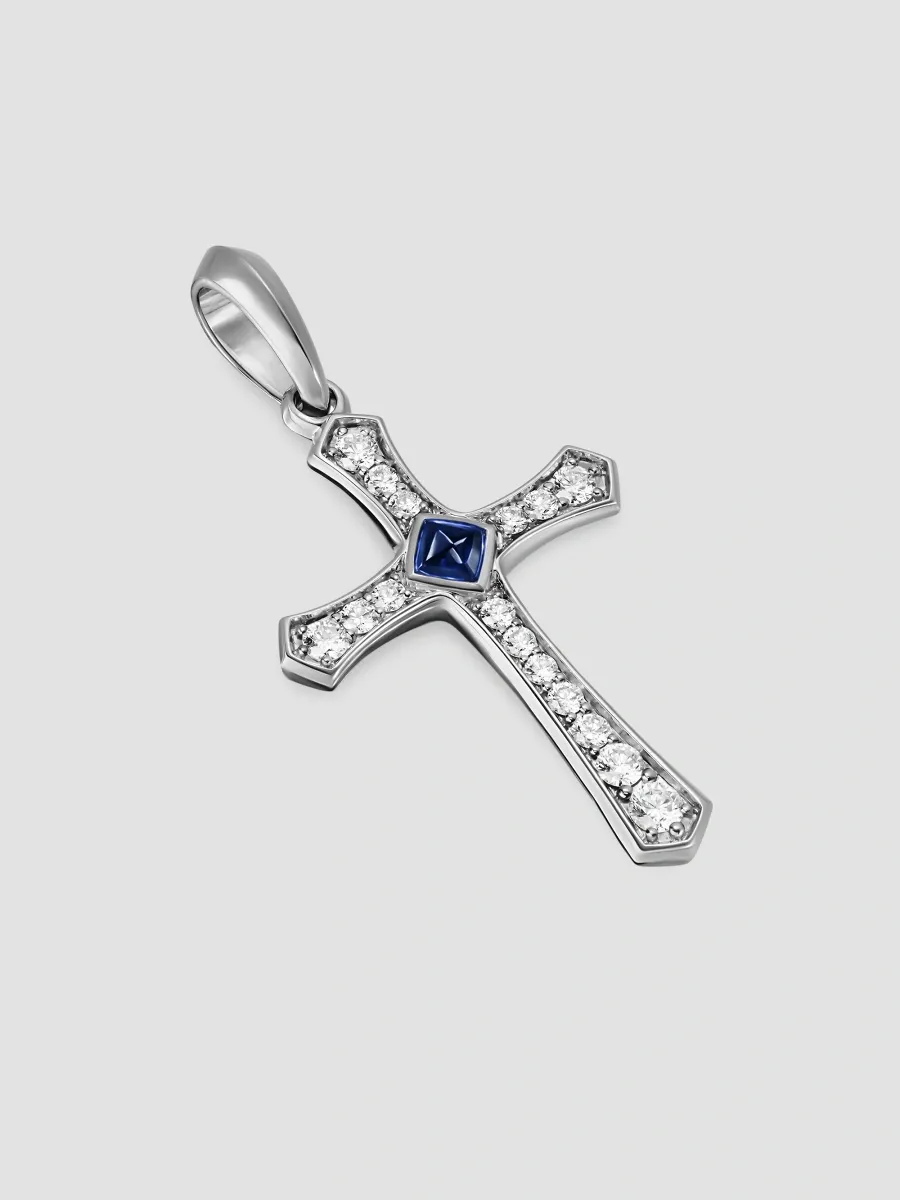 David Yurman Men's Knife Edge Cross Amulet in 18K White Gold with Sapphire and Diamonds, 33.5mm - Sapphire | Thumbnail 2