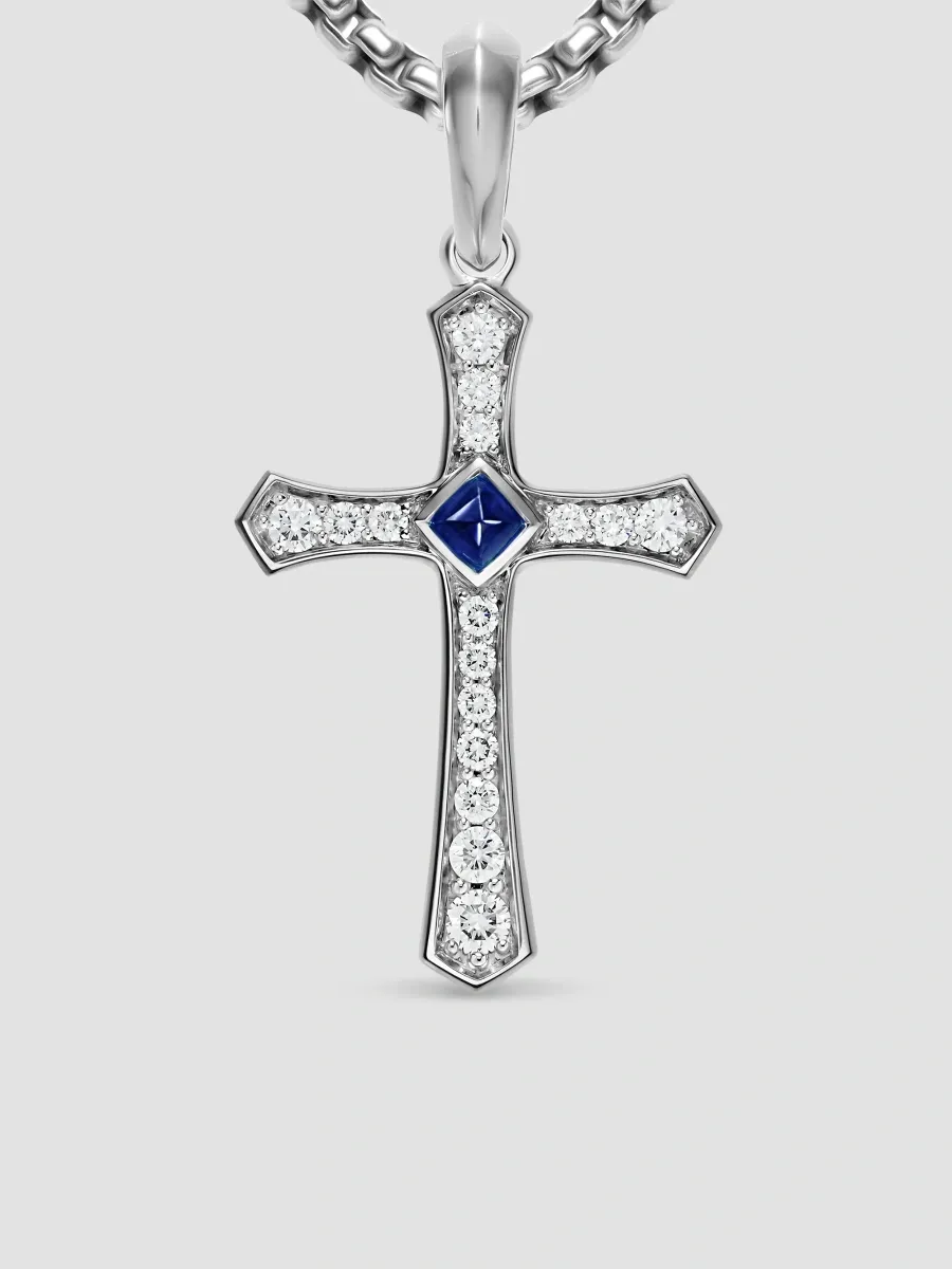 David Yurman Men's Knife Edge Cross Amulet in 18K White Gold with Sapphire and Diamonds, 33.5mm - Sapphire | Thumbnail 4
