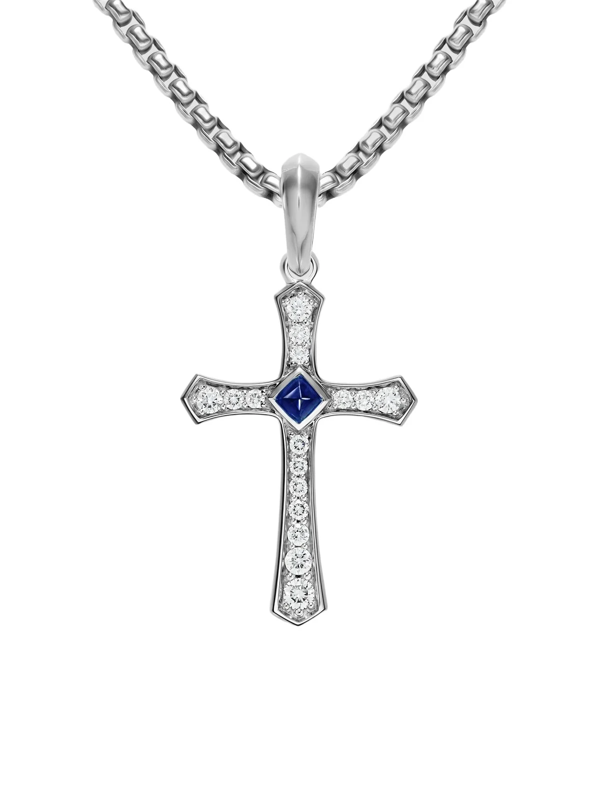 David Yurman Men's Knife Edge Cross Amulet in 18K White Gold with Sapphire and Diamonds, 33.5mm - Sapphire