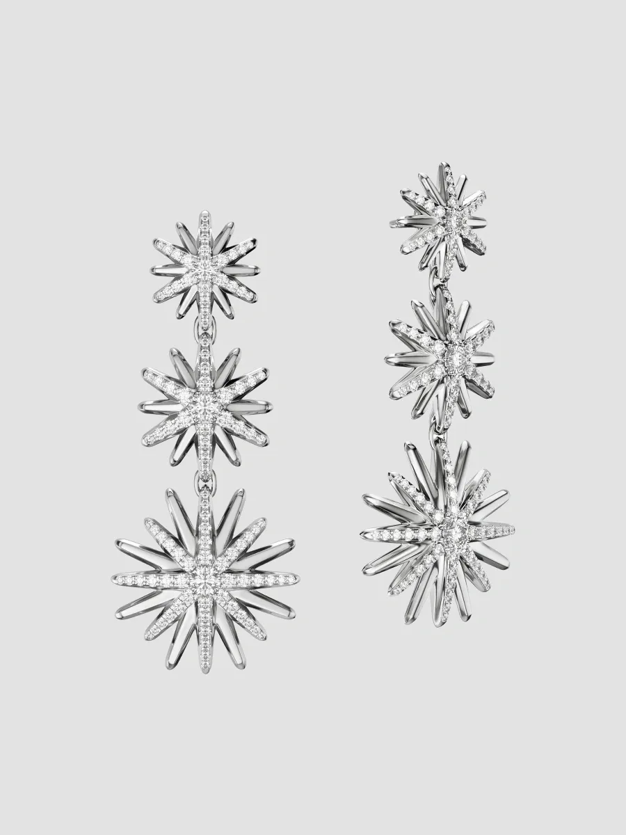 David Yurman Women's Convertible Triple Drop Starburst Earrings in Sterling Silver with Diamonds, 50.6MM - Silver | Thumbnail 2 David Yurman Women's Convertible Triple Drop Starburst Earrings in Sterling Silver with Diamonds, 50.6MM - Silver | Thumbnail 2