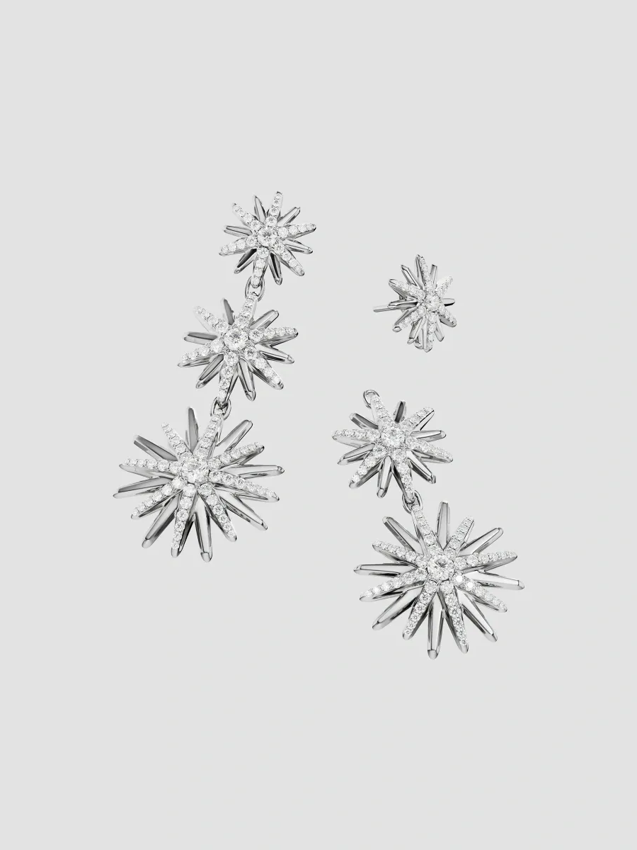 David Yurman Women's Convertible Triple Drop Starburst Earrings in Sterling Silver with Diamonds, 50.6MM - Silver | Thumbnail 4 David Yurman Women's Convertible Triple Drop Starburst Earrings in Sterling Silver with Diamonds, 50.6MM - Silver | Thumbnail 4