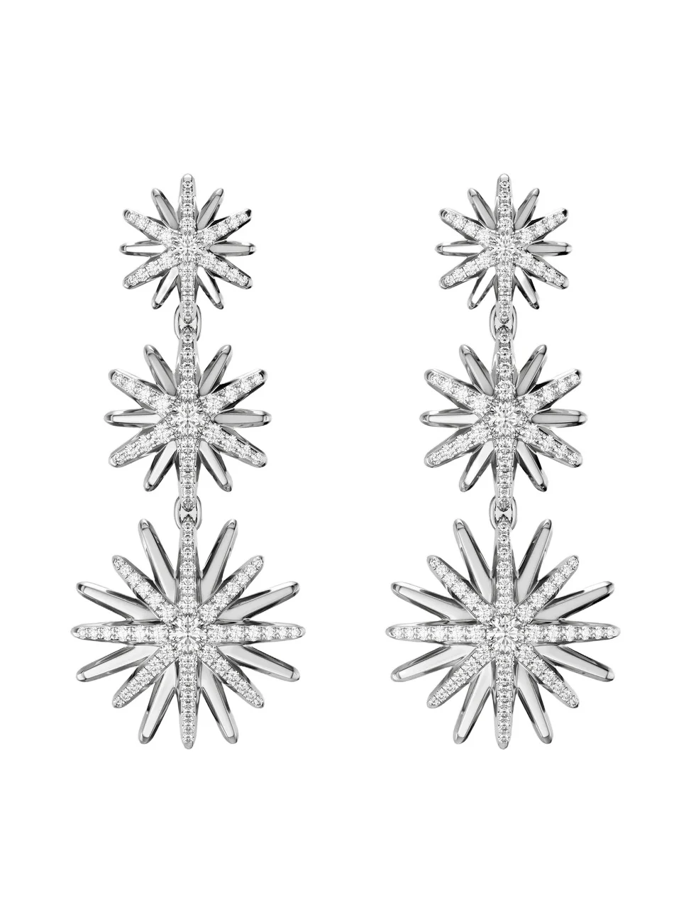 Women's Convertible Triple Drop Starburst Earrings in Sterling Silver with Diamonds, 50.6MM - Silver Women's Convertible Triple Drop Starburst Earrings in Sterling Silver with Diamonds, 50.6MM - Silver