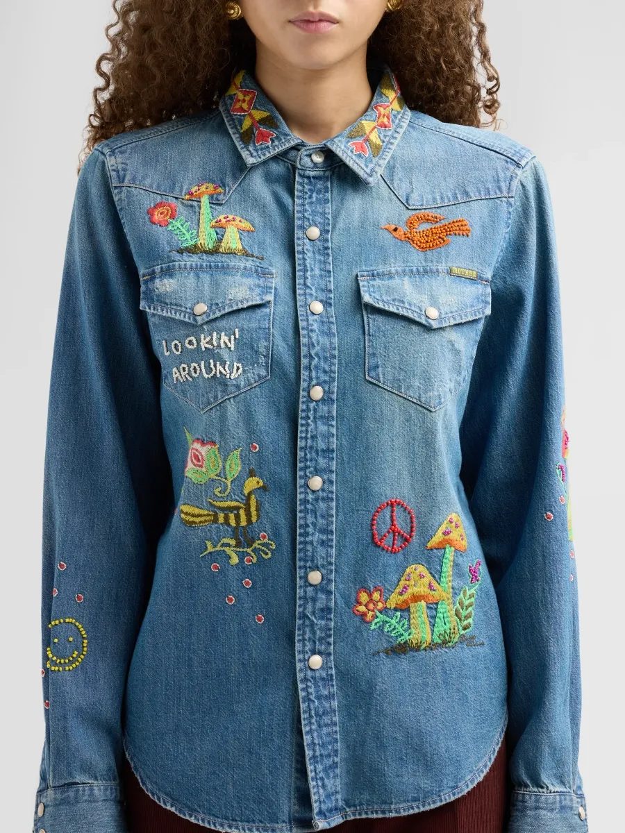 Mother Women's The All My Exes Embroidered Denim Shirt | Thumbnail 5 Mother Women's The All My Exes Embroidered Denim Shirt | Thumbnail 5