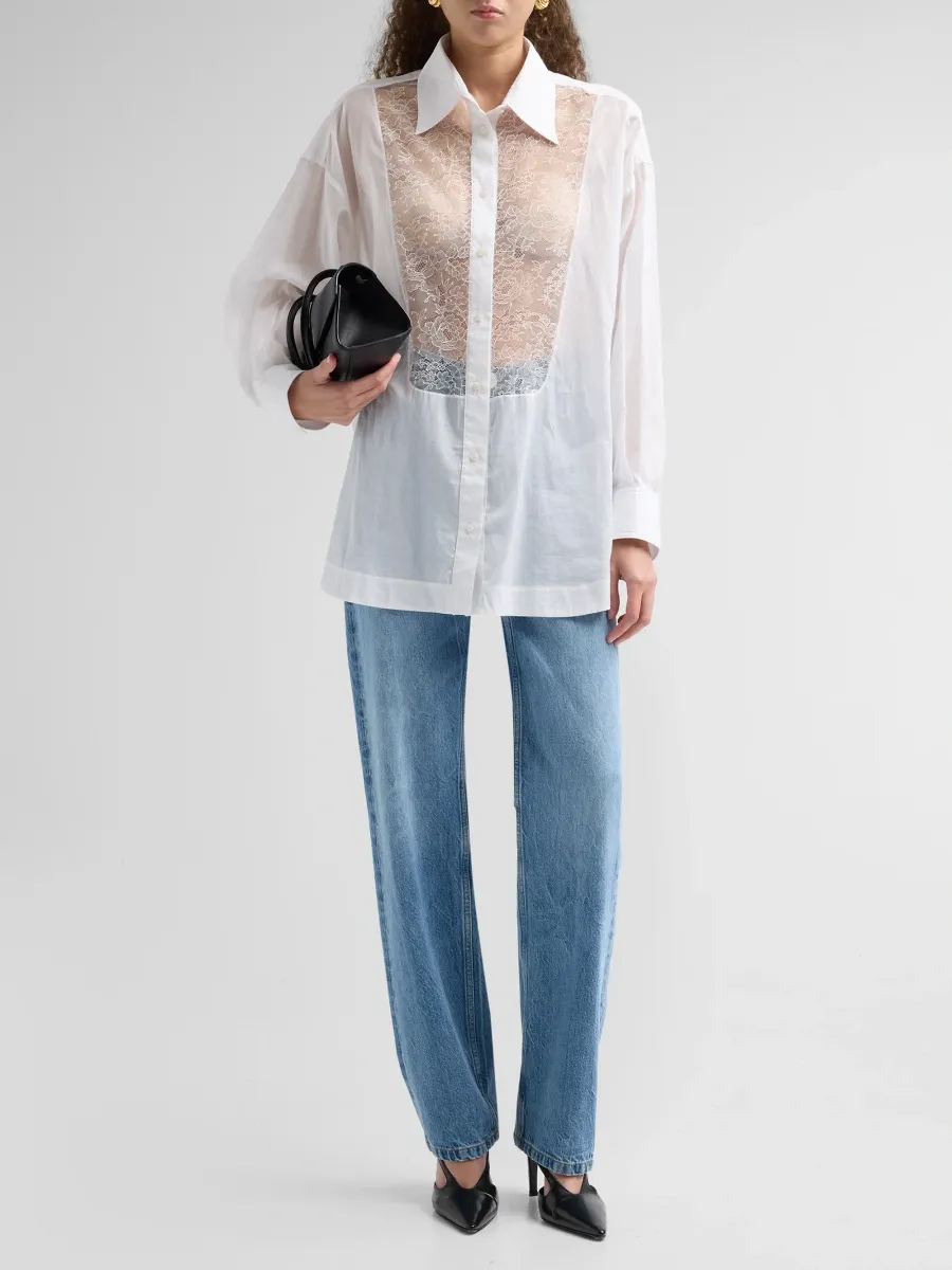 Brandon Maxwell Women's Barrett Cotton & Lace Tuxedo Shirt | Thumbnail 2 Brandon Maxwell Women's Barrett Cotton & Lace Tuxedo Shirt | Thumbnail 2