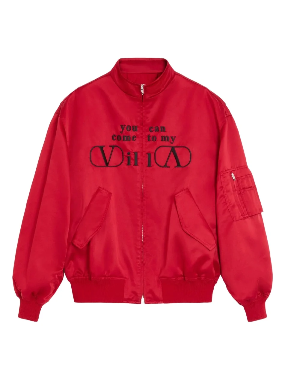 Valentino Men's Nylon Satin Bomber Jacket with You Can Come To My Villa Embroidery