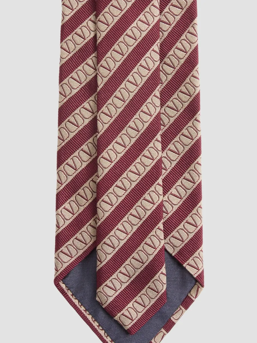 Valentino Men's Tie in Regimental Silk and VLogo Jacquard - Bordeaux Beige | Thumbnail 3 Valentino Men's Tie in Regimental Silk and VLogo Jacquard - Bordeaux Beige | Thumbnail 3