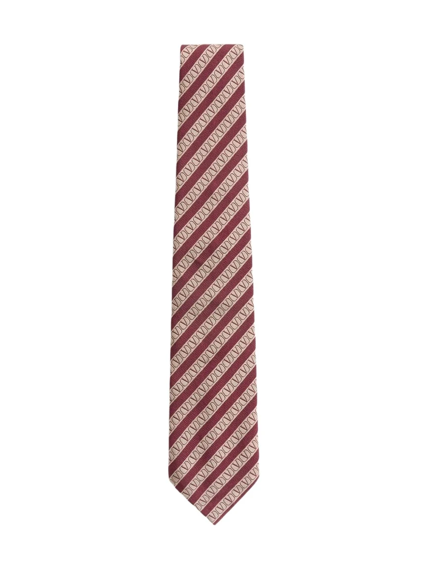 Valentino Men's Tie in Regimental Silk and VLogo Jacquard - Bordeaux Beige