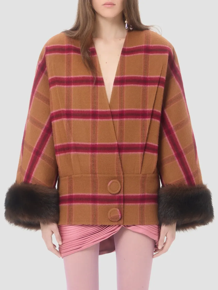 Valentino Women's Peacoat in Macro Finestra with Shearling - Biscuit Cherry Red | Thumbnail 3 Valentino Women's Peacoat in Macro Finestra with Shearling - Biscuit Cherry Red | Thumbnail 3