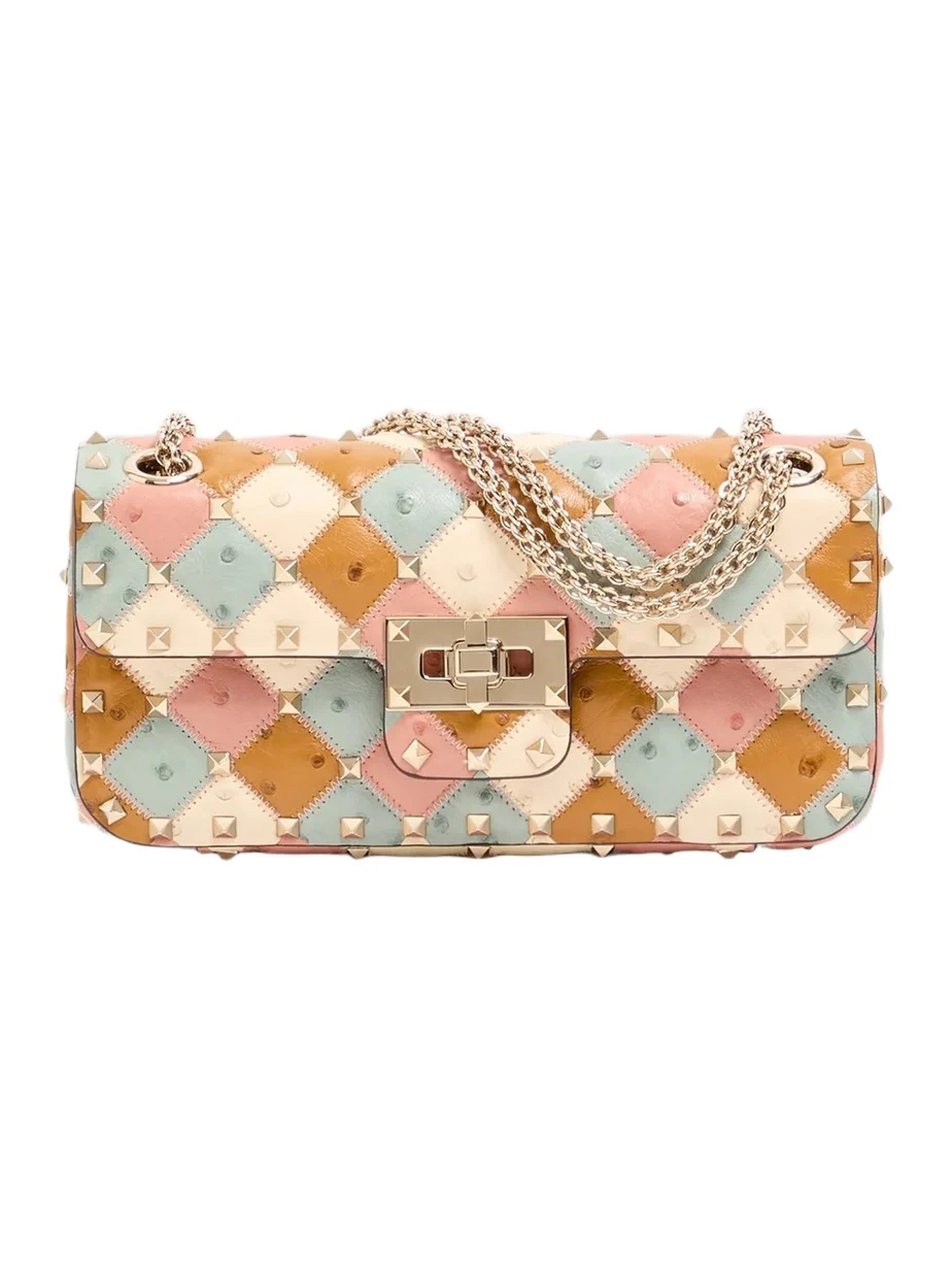 Women's Rockstud Spike Small Shoulder Bag with Ostrich Patchwork - Multicolored