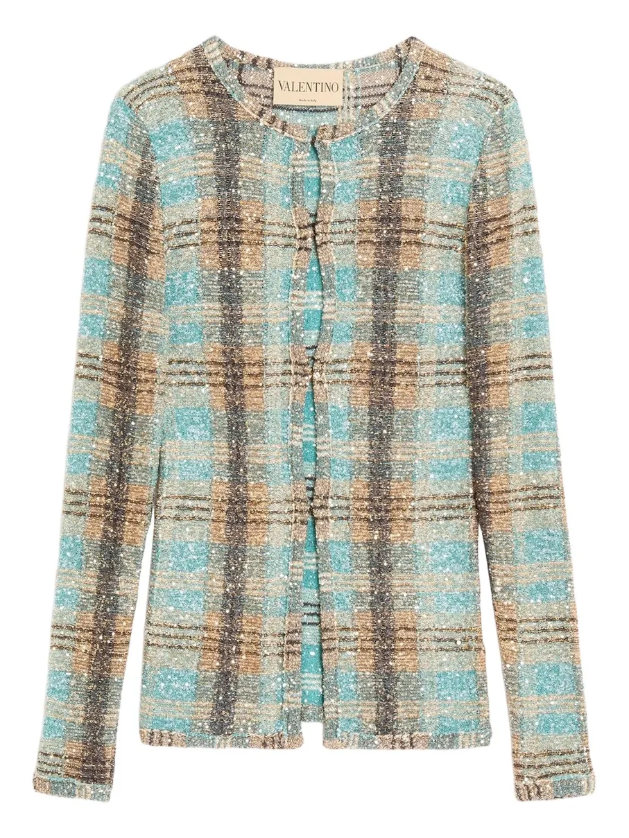 Women's Sequin Thread Cardigan with Check Pattern - Multicolor