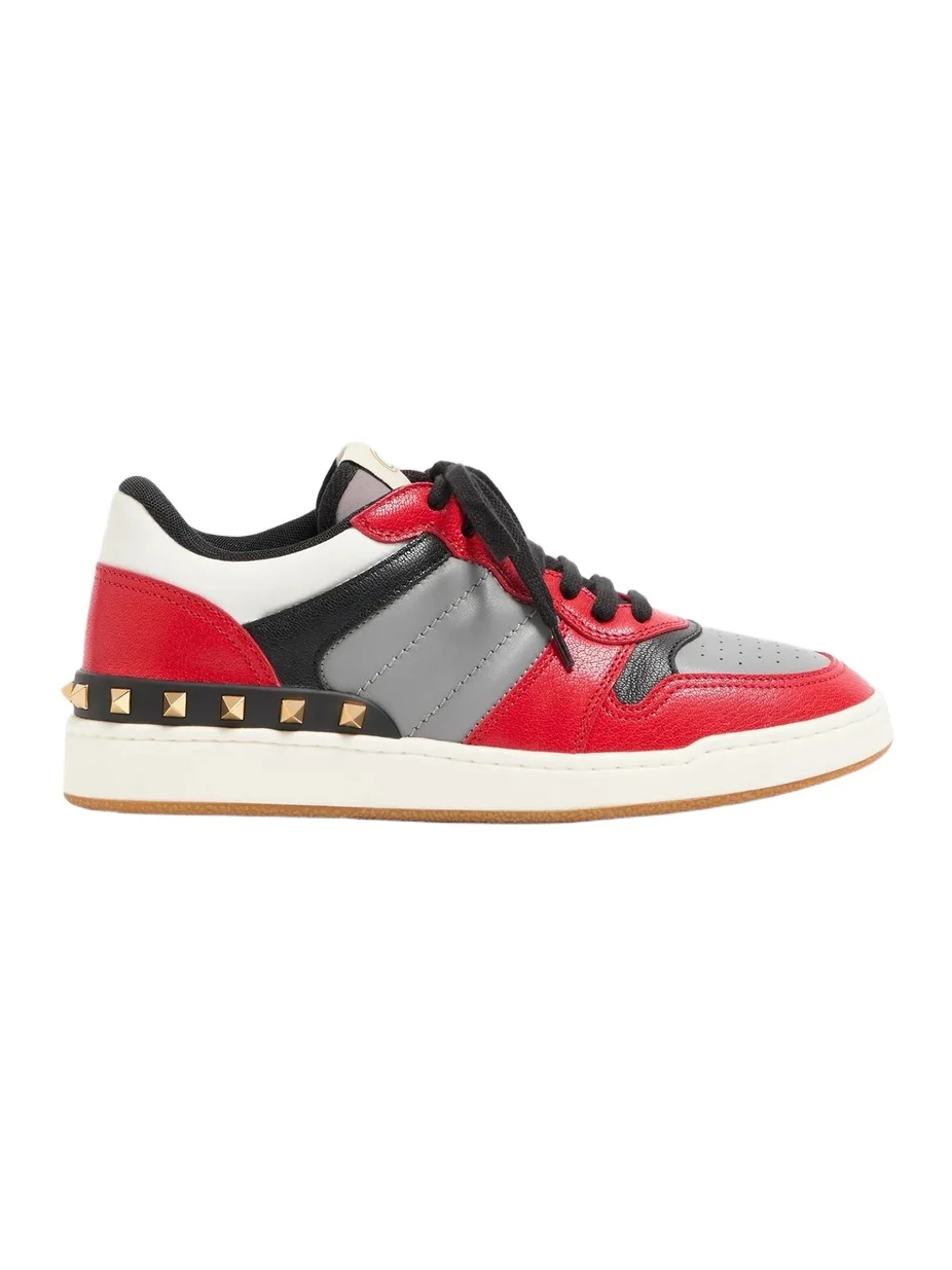 Valentino Men's Freedots Two-Tone Sneakers in Kidskin and Nappa Calfskin with Studs Detail - Coral Multicolor