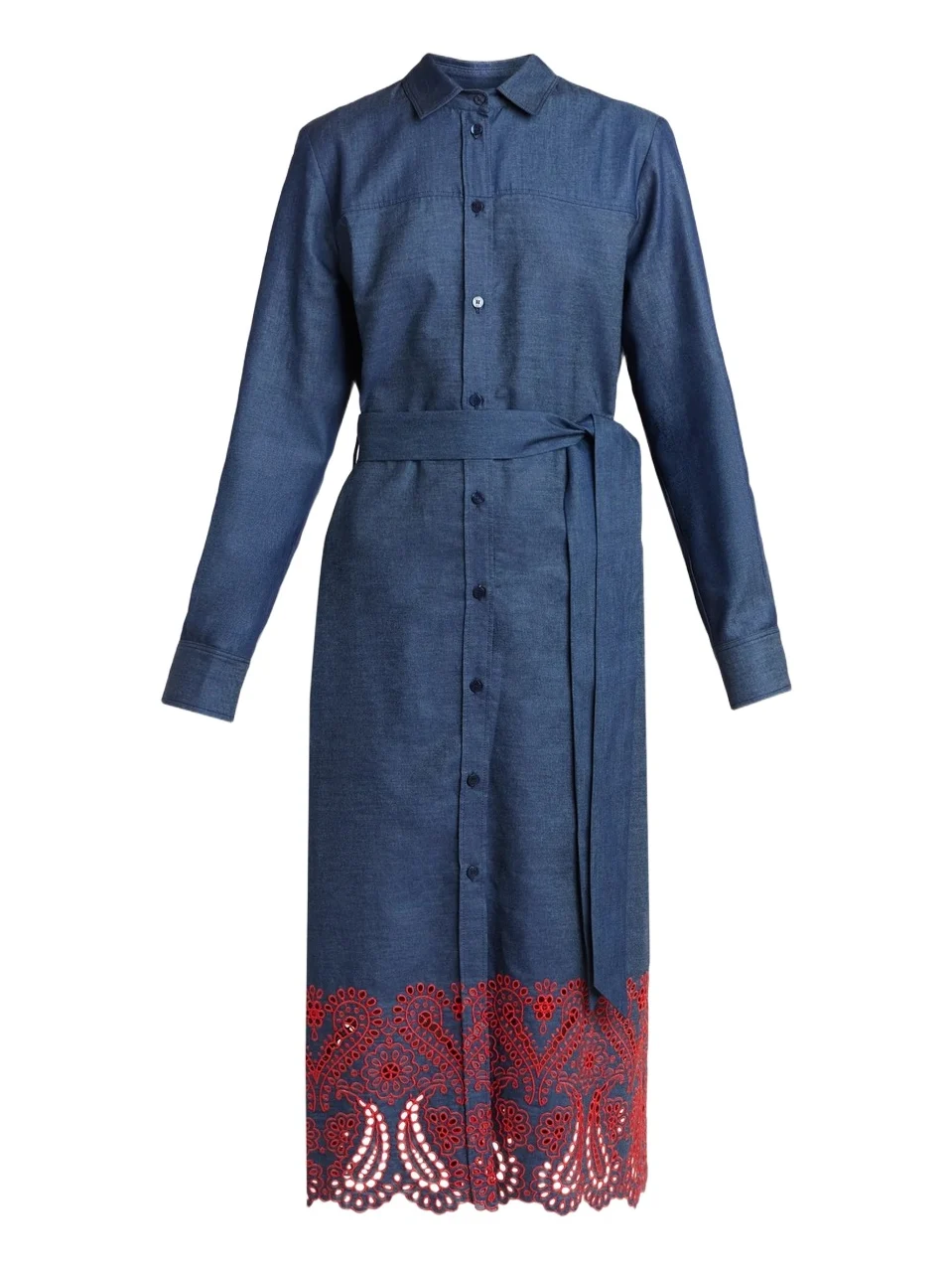 Etro Women's Sangallo Embroidered Cotton-Blend Self-Belt Midi Shirtdress