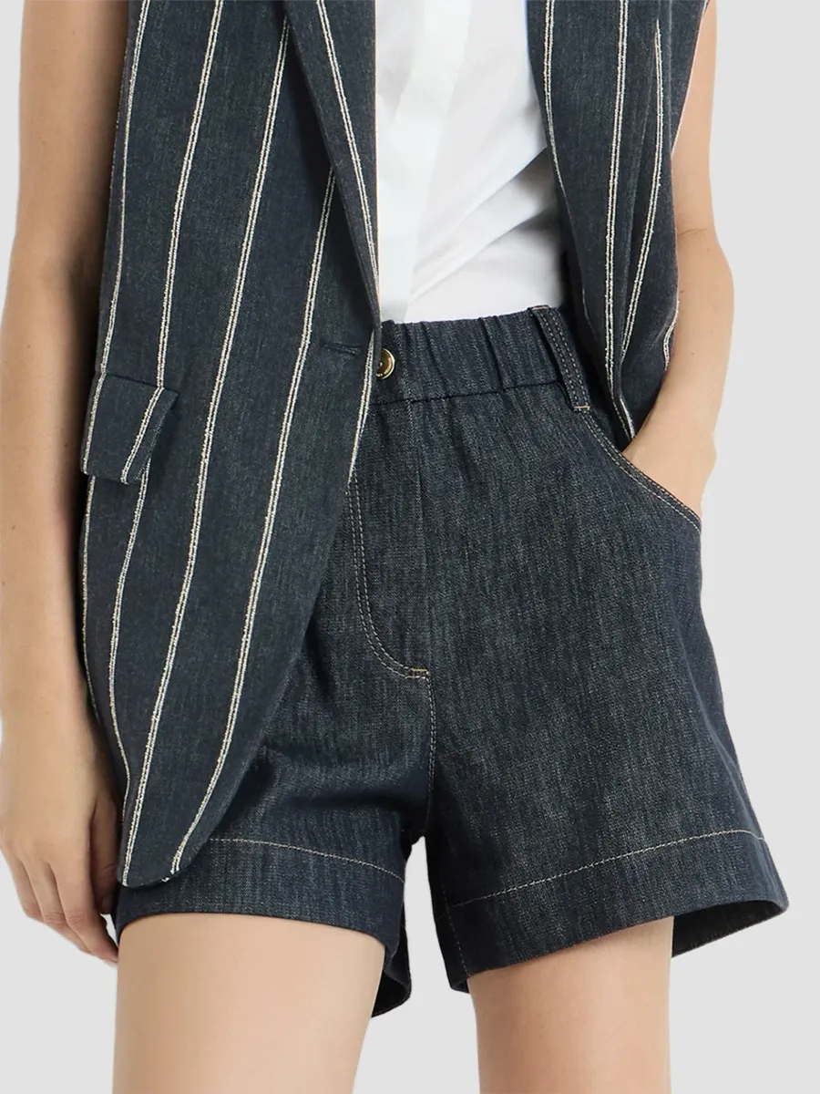 Brunello Cucinelli Women's Cotton Denim-Effect Twill Shorts with Monili - Denim | Thumbnail 4