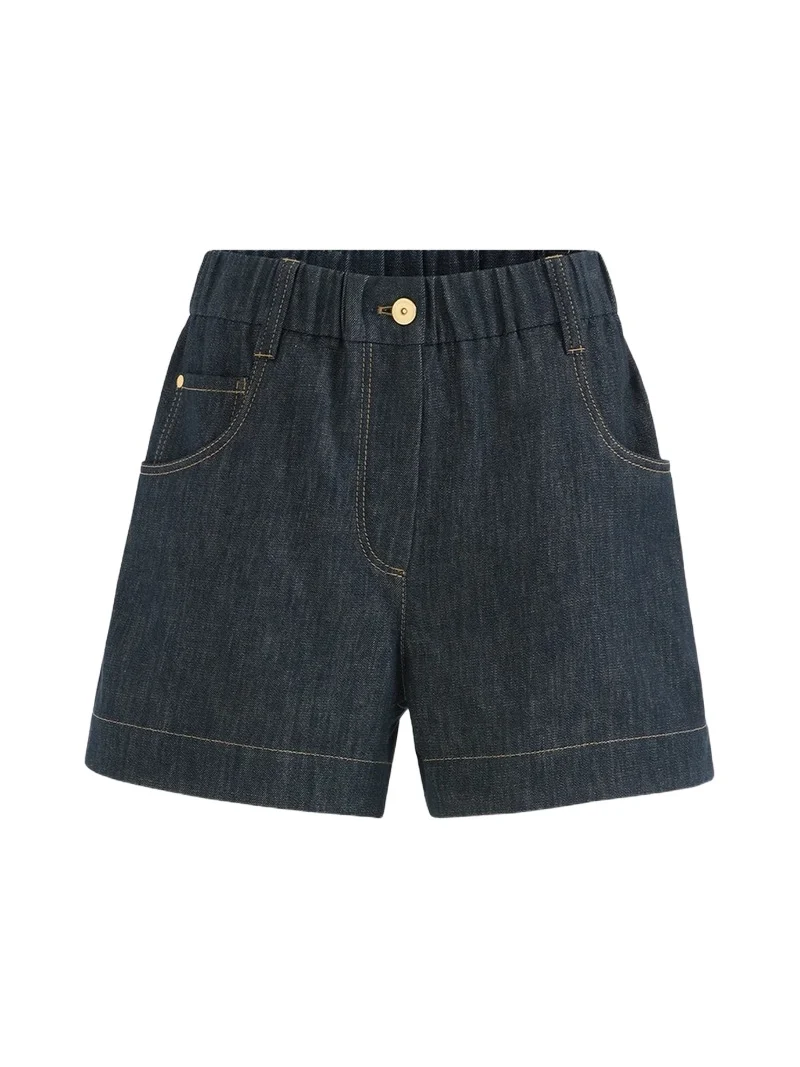 Brunello Cucinelli Women's Cotton Denim-Effect Twill Shorts with Monili - Denim