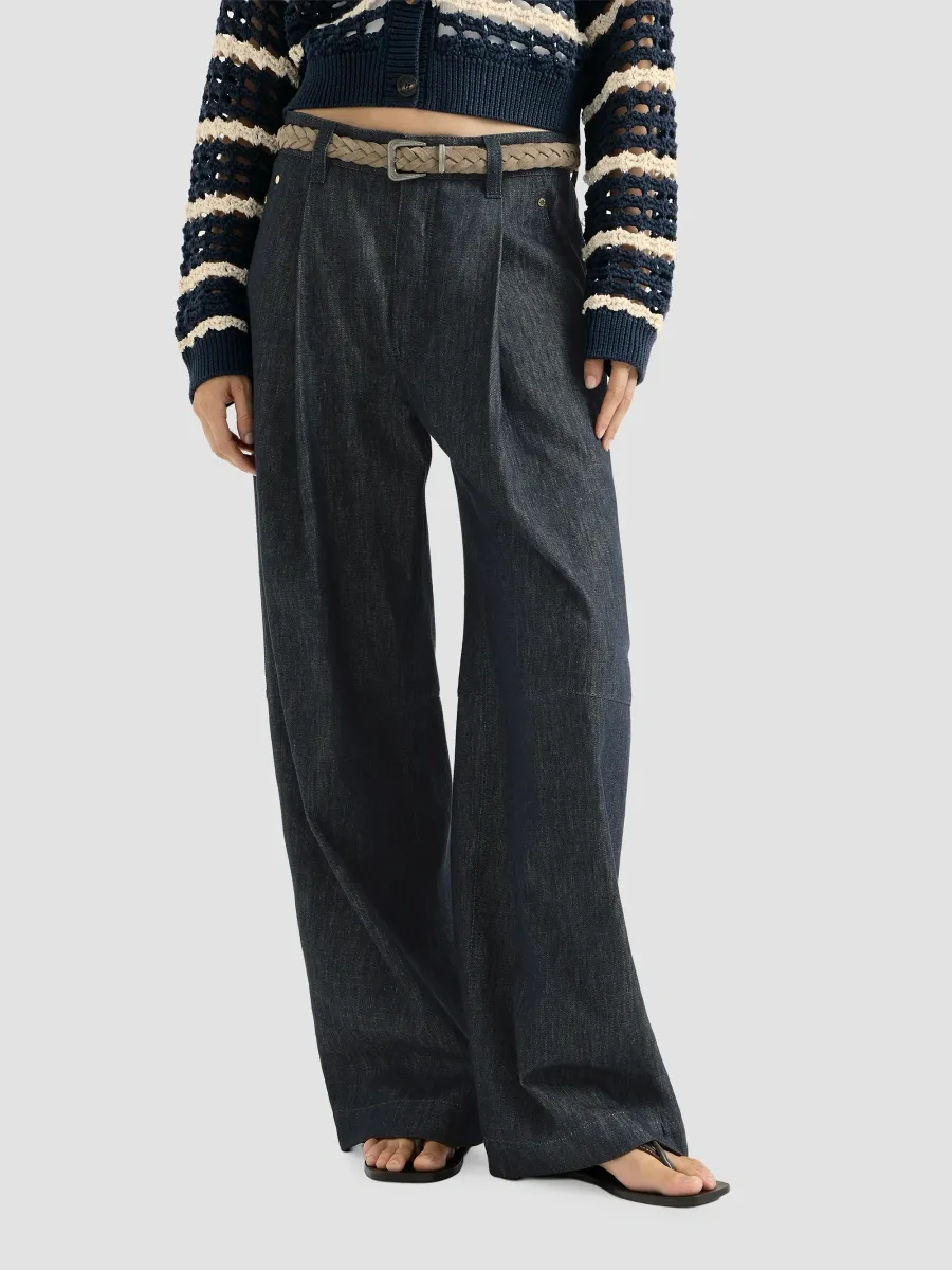Brunello Cucinelli Women's Cotton Denim-Effect Twill Pleated Barrel Trousers with Monili - Denim | Thumbnail 2