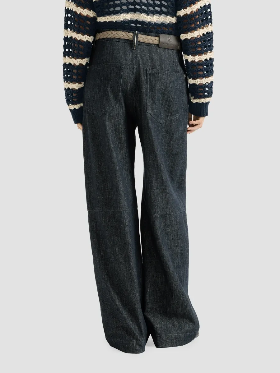 Brunello Cucinelli Women's Cotton Denim-Effect Twill Pleated Barrel Trousers with Monili - Denim | Thumbnail 3