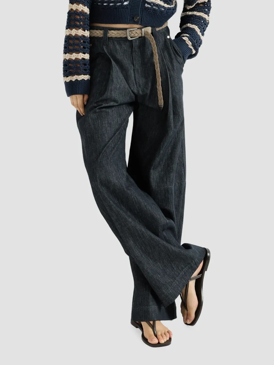 Brunello Cucinelli Women's Cotton Denim-Effect Twill Pleated Barrel Trousers with Monili - Denim | Thumbnail 4