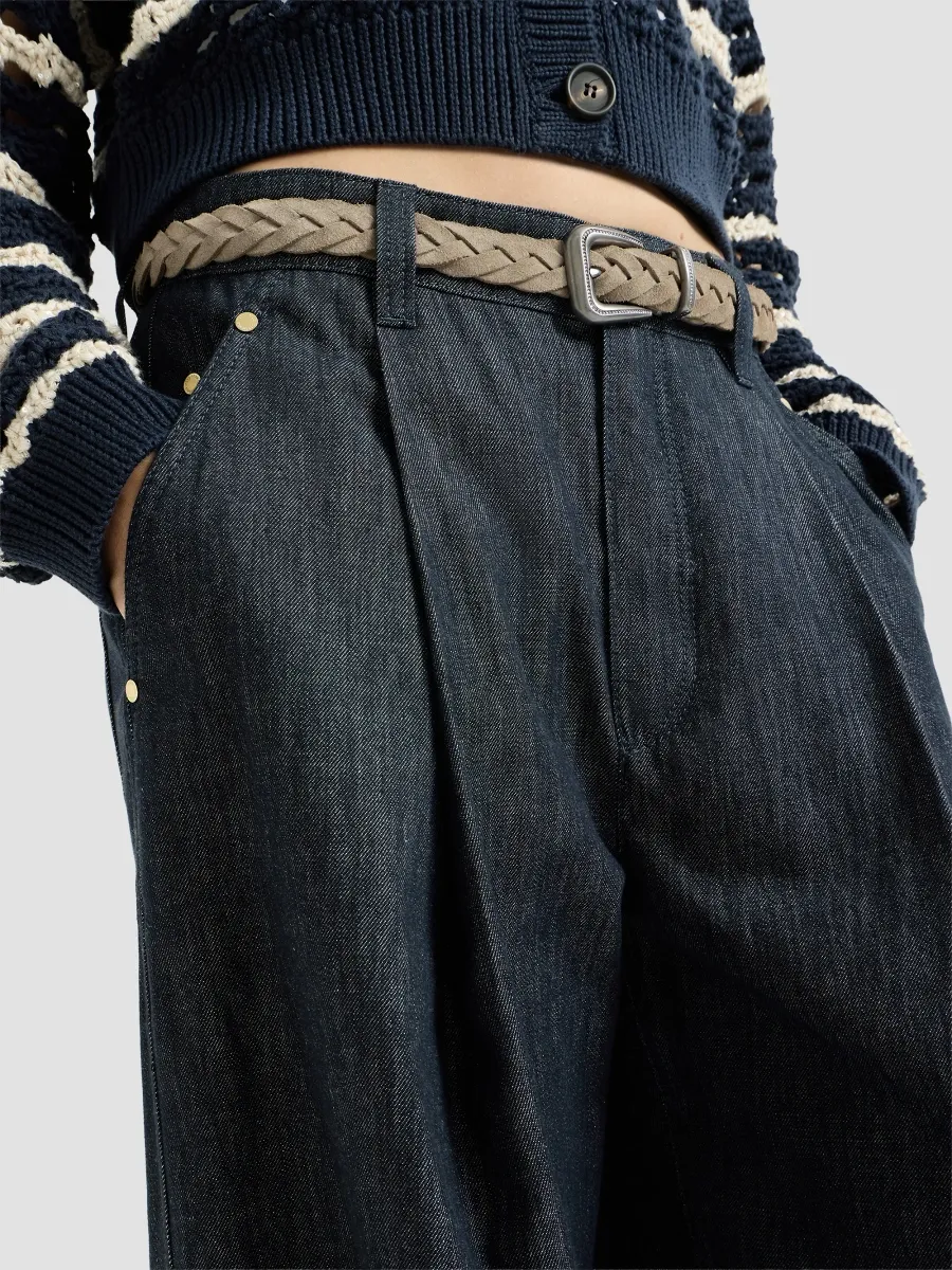 Brunello Cucinelli Women's Cotton Denim-Effect Twill Pleated Barrel Trousers with Monili - Denim | Thumbnail 5