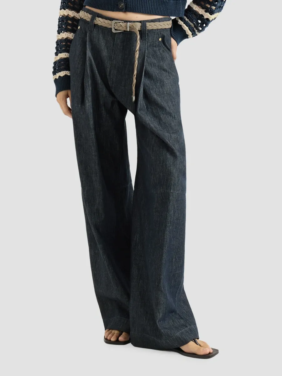 Brunello Cucinelli Women's Cotton Denim-Effect Twill Pleated Barrel Trousers with Monili - Denim | Thumbnail 6