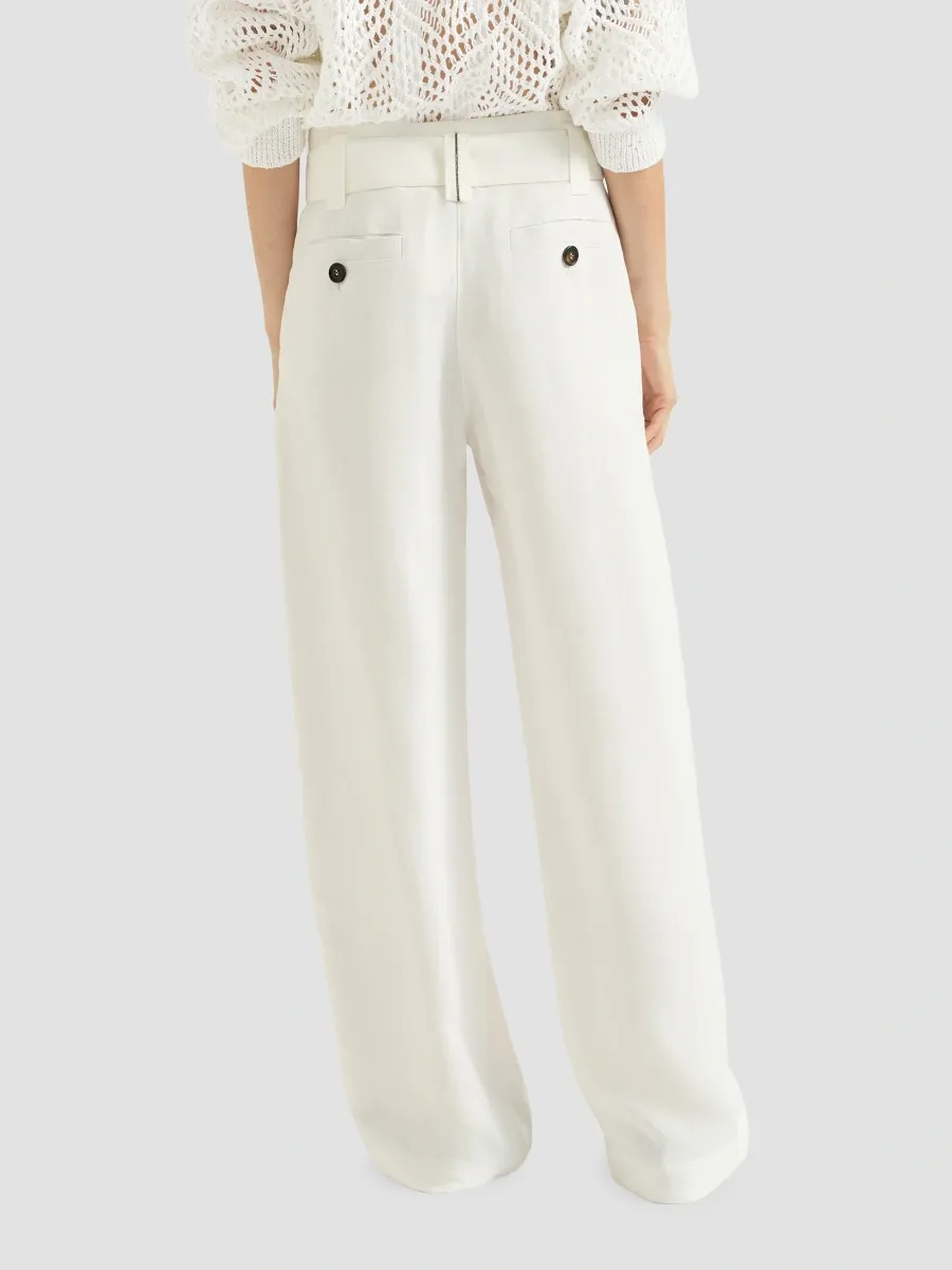 Brunello Cucinelli Women's Viscose And Linen Fluid Twill Belted Loose Trousers With Monili - White | Thumbnail 3 Brunello Cucinelli Women's Viscose And Linen Fluid Twill Belted Loose Trousers With Monili - White | Thumbnail 3