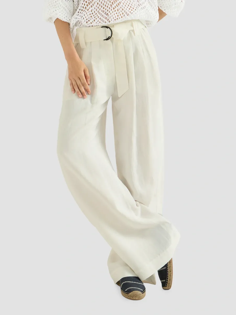 Brunello Cucinelli Women's Viscose And Linen Fluid Twill Belted Loose Trousers With Monili - White | Thumbnail 4 Brunello Cucinelli Women's Viscose And Linen Fluid Twill Belted Loose Trousers With Monili - White | Thumbnail 4