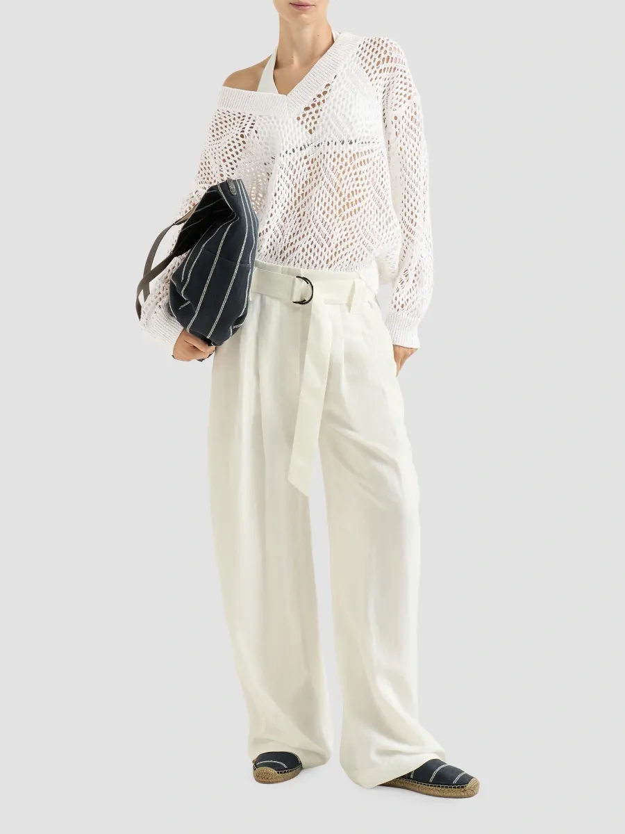 Brunello Cucinelli Women's Viscose And Linen Fluid Twill Belted Loose Trousers With Monili - White | Thumbnail 6 Brunello Cucinelli Women's Viscose And Linen Fluid Twill Belted Loose Trousers With Monili - White | Thumbnail 6