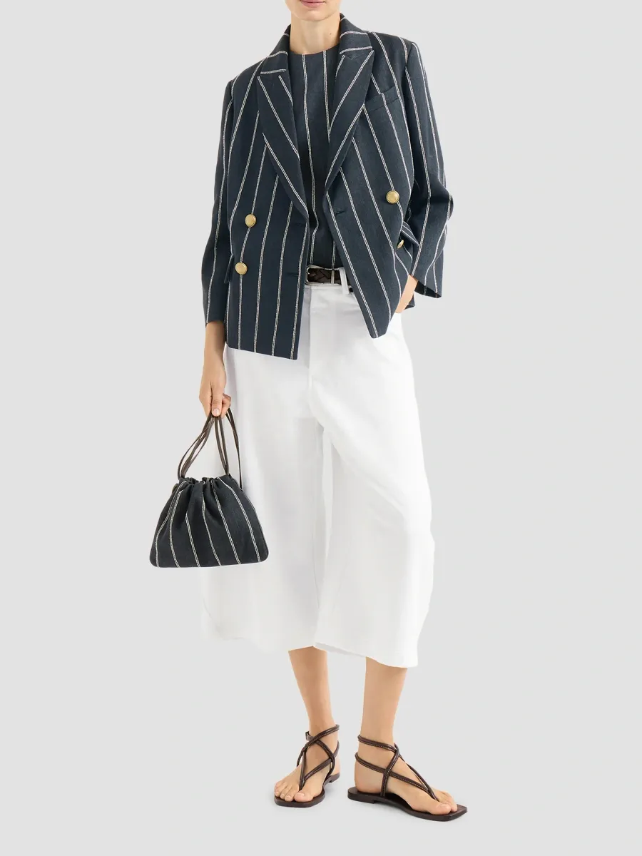 Brunello Cucinelli Women's Pouch Bag in Double Chalk Stripe Cotton and Linen Denim - Denim | Thumbnail 2 Brunello Cucinelli Women's Pouch Bag in Double Chalk Stripe Cotton and Linen Denim - Denim | Thumbnail 2