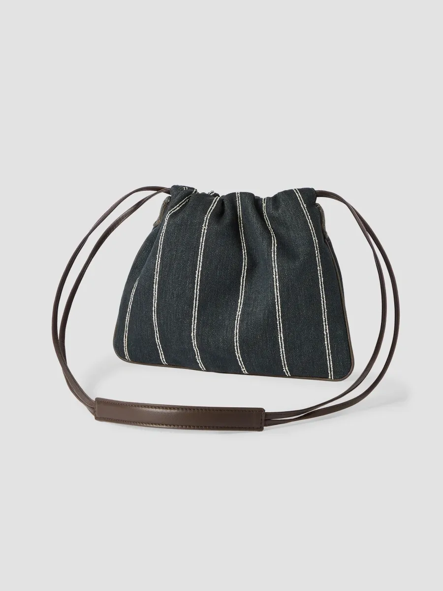 Brunello Cucinelli Women's Pouch Bag in Double Chalk Stripe Cotton and Linen Denim - Denim | Thumbnail 3 Brunello Cucinelli Women's Pouch Bag in Double Chalk Stripe Cotton and Linen Denim - Denim | Thumbnail 3