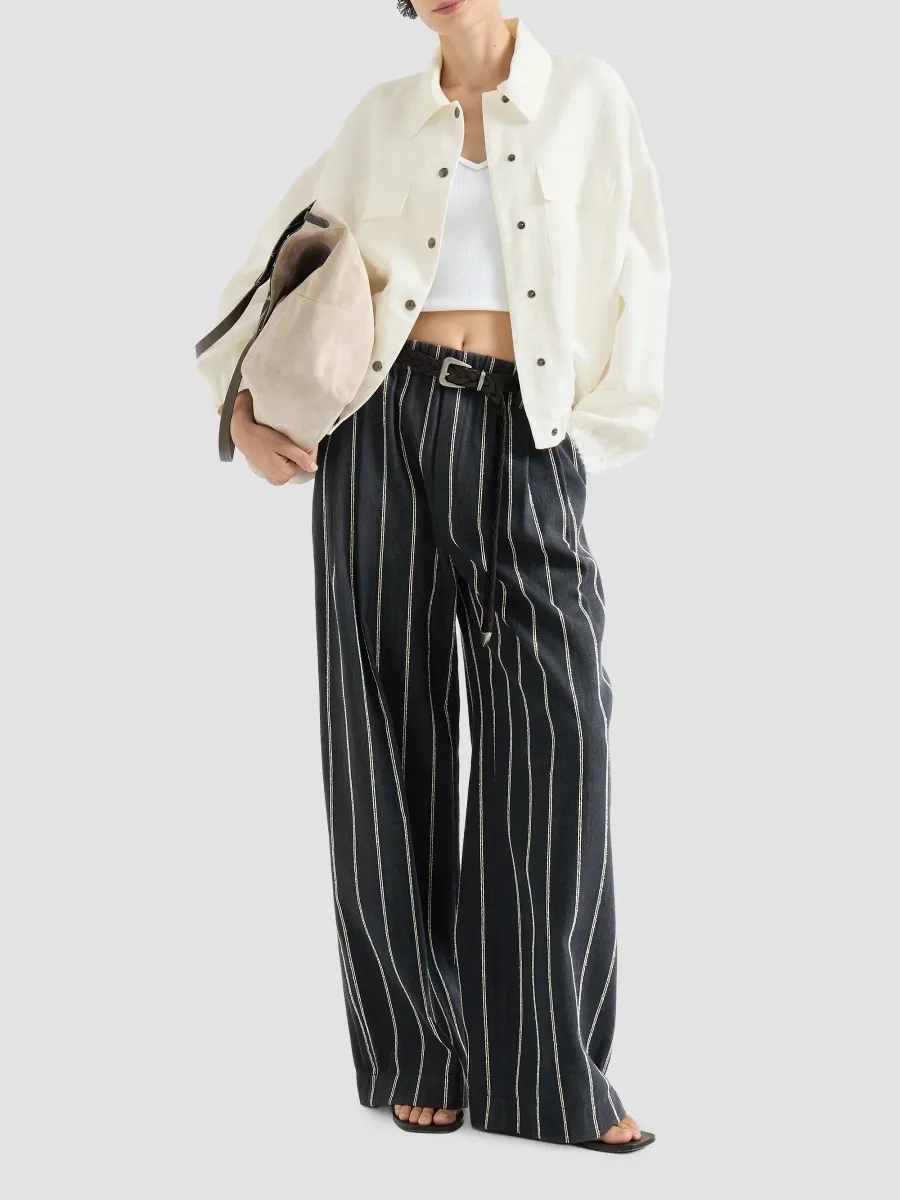 Brunello Cucinelli Women's Double Chalk Stripe Cotton and Linen Denim Barrel Trousers with Monili - Denim | Thumbnail 2