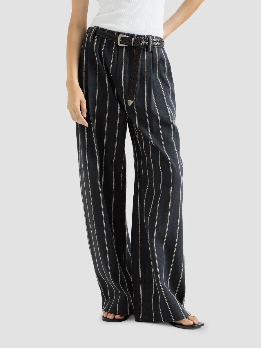 Brunello Cucinelli Women's Double Chalk Stripe Cotton and Linen Denim Barrel Trousers with Monili - Denim | Thumbnail 3