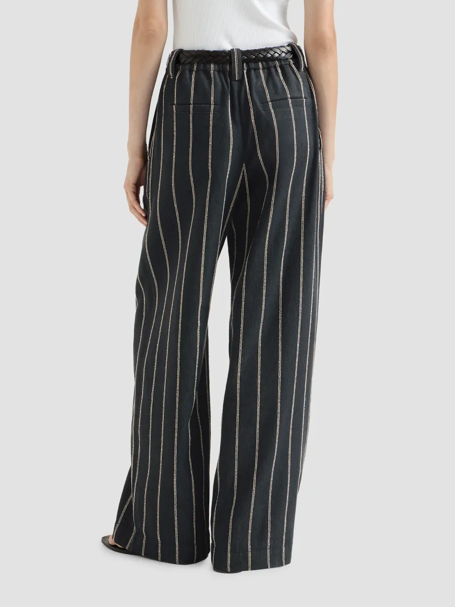 Brunello Cucinelli Women's Double Chalk Stripe Cotton and Linen Denim Barrel Trousers with Monili - Denim | Thumbnail 4