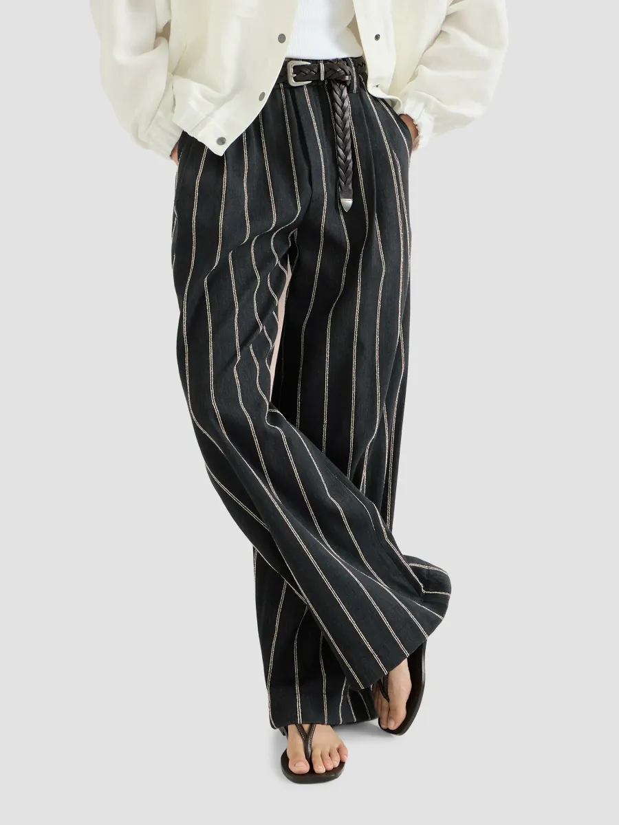 Brunello Cucinelli Women's Double Chalk Stripe Cotton and Linen Denim Barrel Trousers with Monili - Denim | Thumbnail 5